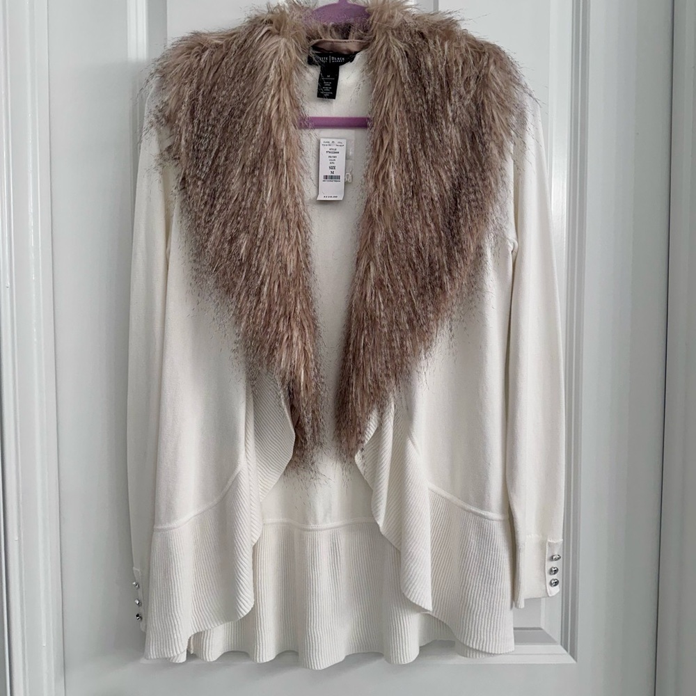 White House Black Market Cream Cardigan with Brown Faux Fur